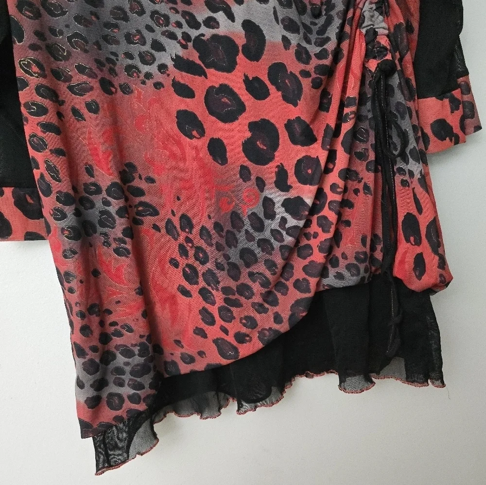 Kaktus Blouse Top Womens L Cheetah Leopard Print Red Goth Tulle